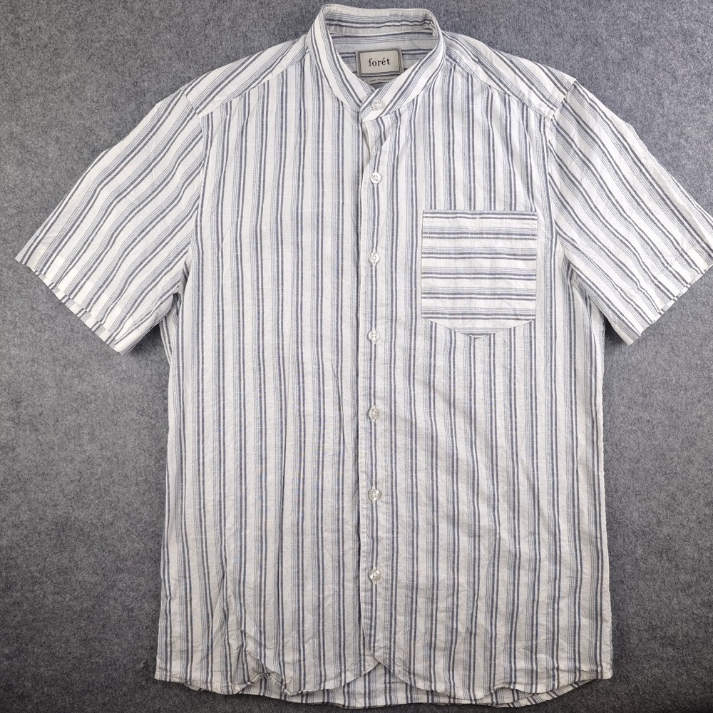 Foret Shirt Mens Small White Blue Striped Band Collar Short Sleeve Cotton